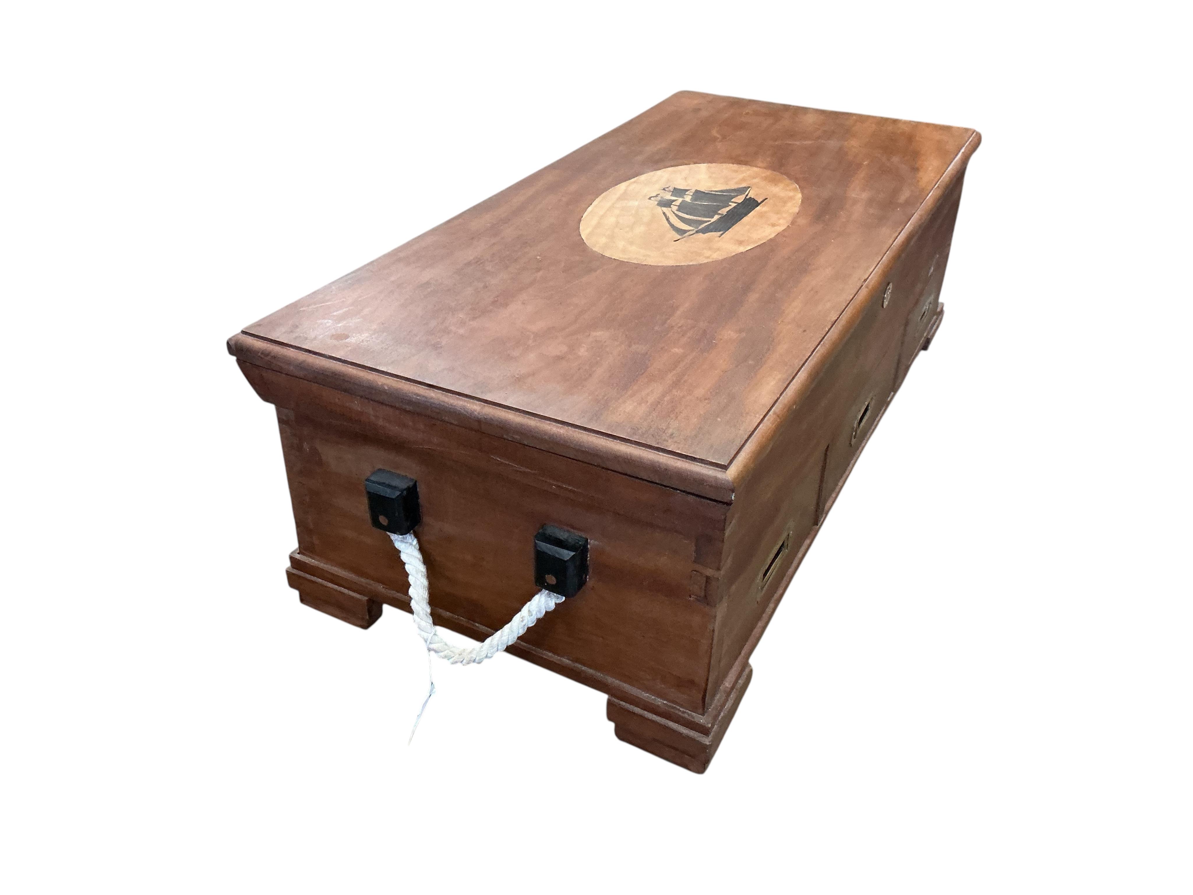 A modern inlaid mahogany three drawer trunk, width 90cm, depth 44cm, height 30cm
